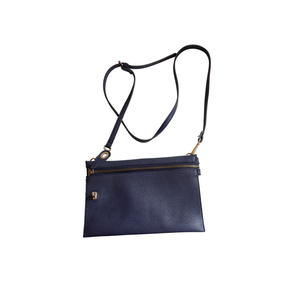 Sondra Roberts Square Navy Blue Pebbled Crossbody Bag Gold Hardware Slim Clutch